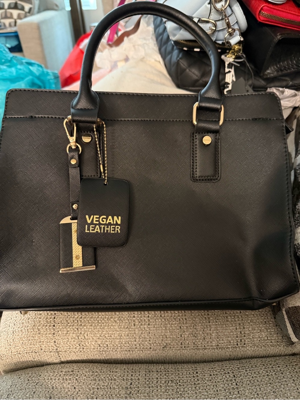 Miztique Black Vegan Leather Satchel with Gold Accents